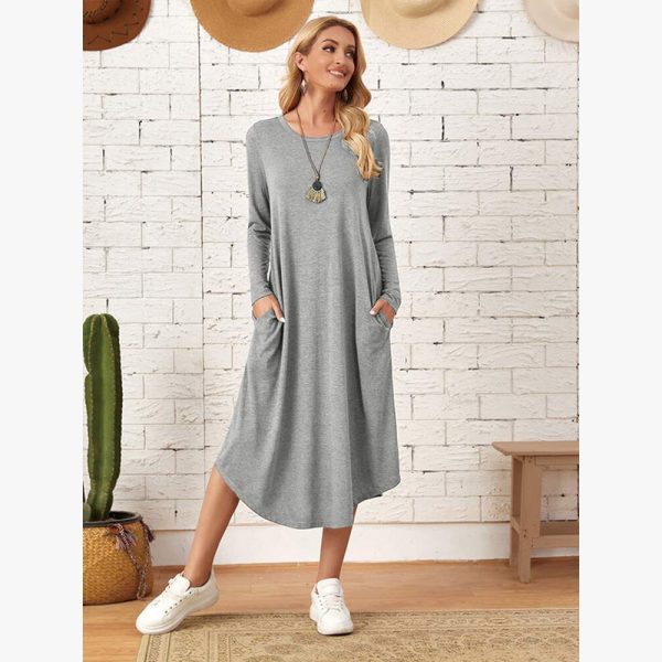 New European and American women's clothing, solid color knitted side seam straight through pocket, curved loose dress