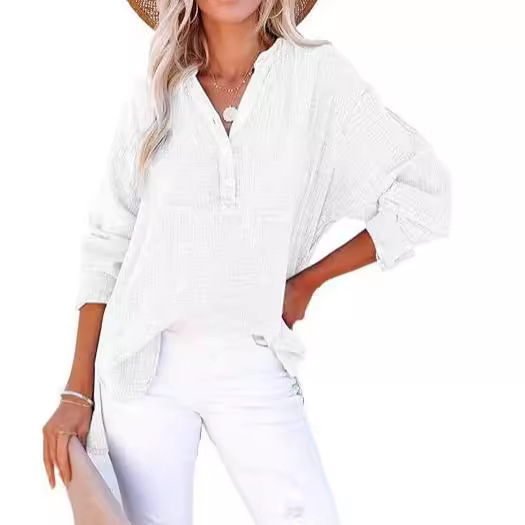 Button long sleeved solid color top women's shirt loose pure cotton pullover