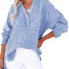 Button long sleeved solid color top women's shirt loose pure cotton pullover