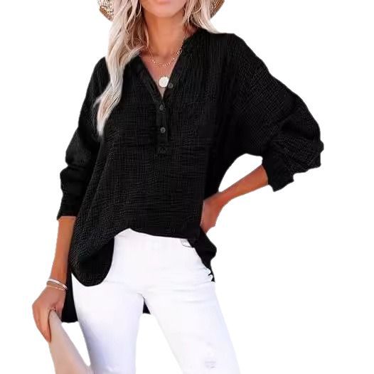 Button long sleeved solid color top women's shirt loose pure cotton pullover