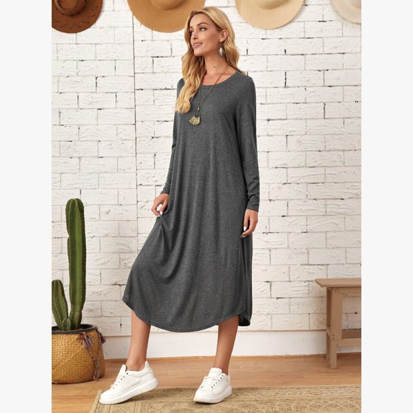 New European and American women's clothing, solid color knitted side seam straight through pocket, curved loose dress