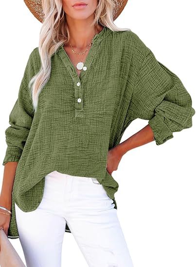 Button long sleeved solid color top women's shirt loose pure cotton pullover