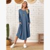 New European and American women's clothing, solid color knitted side seam straight through pocket, curved loose dress