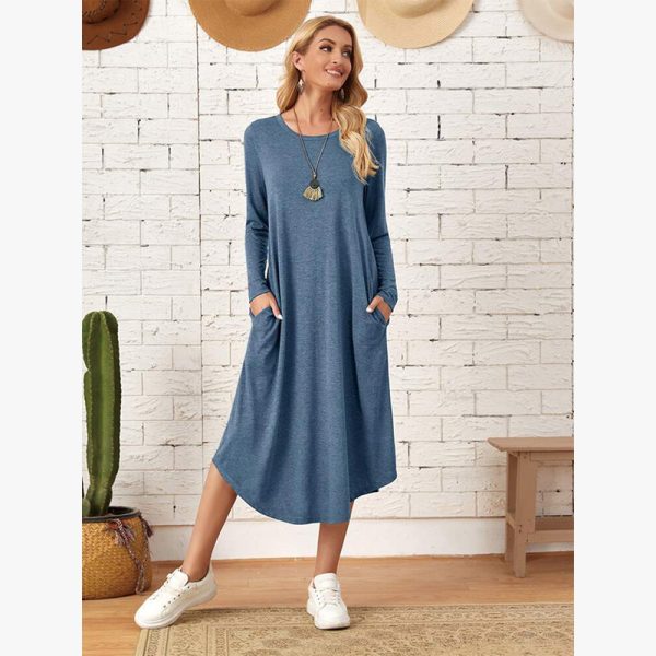 New European and American women's clothing, solid color knitted side seam straight through pocket, curved loose dress