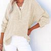Button long sleeved solid color top women's shirt loose pure cotton pullover