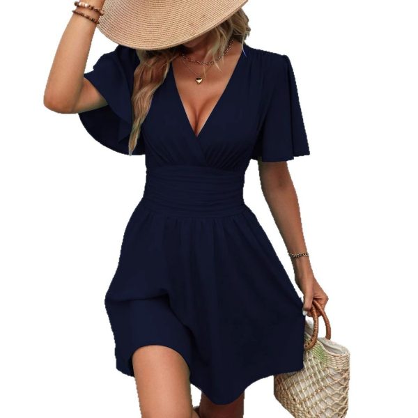 Summer new deep V-neck, solid color dress