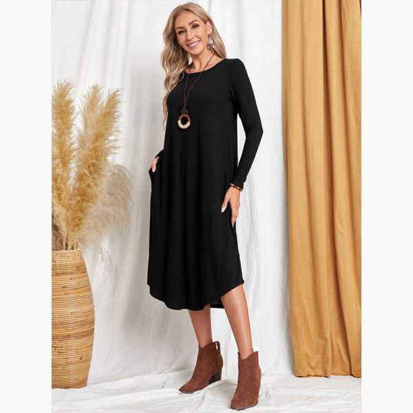 New European and American women's clothing, solid color knitted side seam straight through pocket, curved loose dress