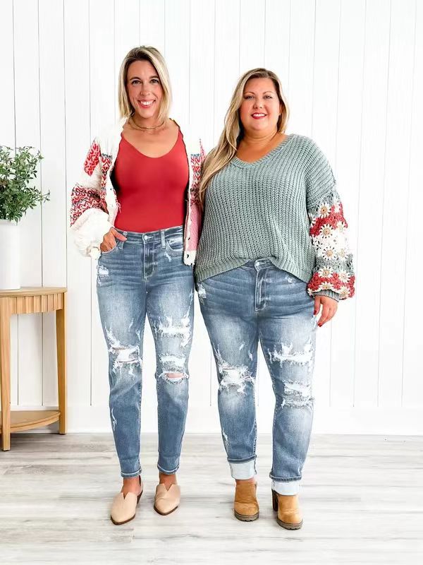 Women's jeans, ripped waist and ankle pants
