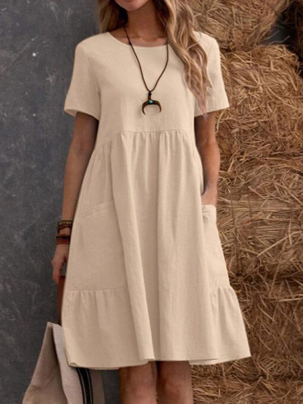 O1CN01cl94GA1tK0XaXa3wV_2208154365882-0-cib Retro loose pocket solid color round neck women's clothing, cotton and linen dress