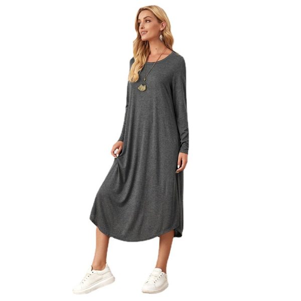 New European and American women's clothing, solid color knitted side seam straight through pocket, curved loose dress