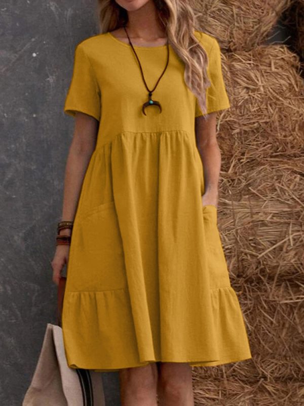 O1CN01oR6Y7Q1tK0XWrkA4s_2208154365882-0-cib Retro loose pocket solid color round neck women's clothing, cotton and linen dress