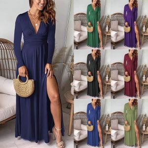 O1CN01qUCNfO2GUkytzh1V1_2213368679019-0-cib V-neck long sleeved dress, solid color dress