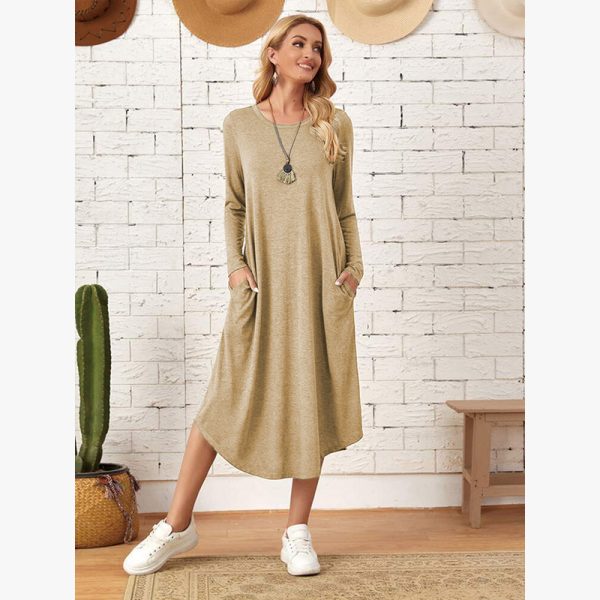 New European and American women's clothing, solid color knitted side seam straight through pocket, curved loose dress