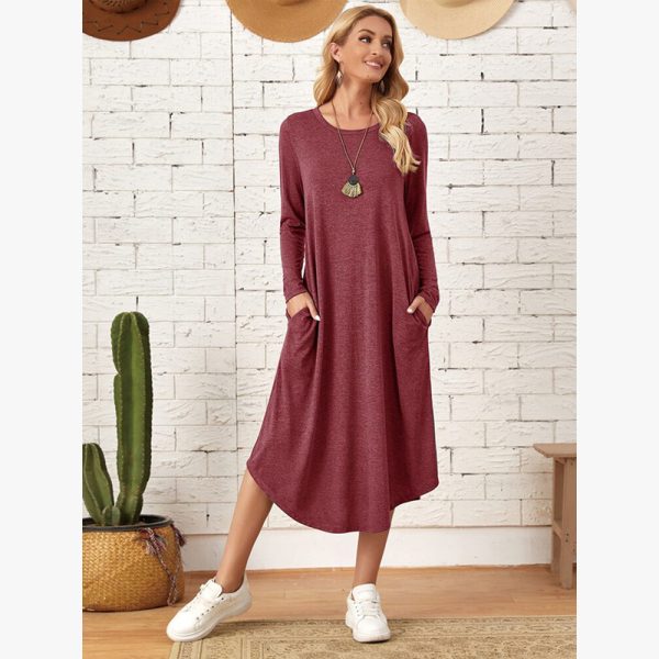 New European and American women's clothing, solid color knitted side seam straight through pocket, curved loose dress