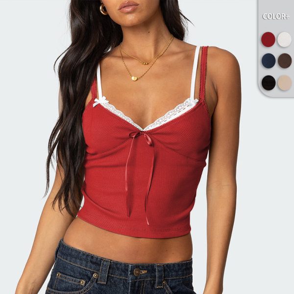 Beauty outfit for spring and summer, butterfly tie collage contrasting lace, sexy top