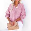 Button long sleeved solid color top women's shirt loose pure cotton pullover